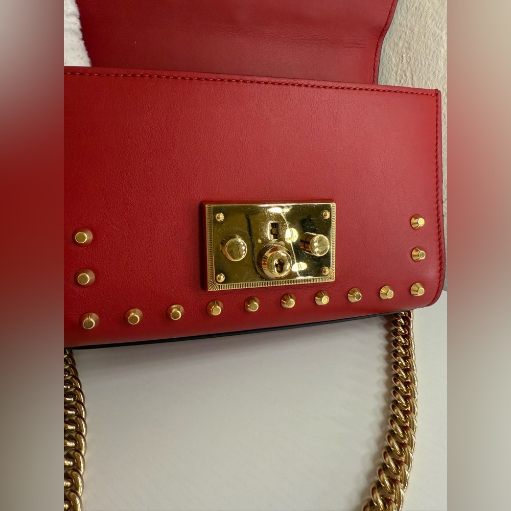 GUCCI Red Leather Stud & Faux Pearl Padlock Shoulder Bag - Picture 7 of 10